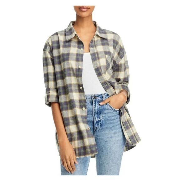 We Wore What women’s green plaid boyfriend flannel button down sz M/L - Picture 2 of 8